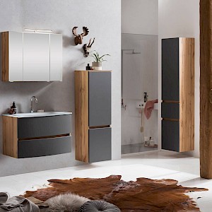 Badezimmermöbel Komplett Set LAURIA-03 in Wotaneiche Nb. mit matt grau, 3D Spiegelschrank inkl. Beleuchtung, BxHxT: ca. 140x200x49 cm