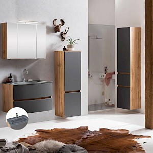 Badezimmermöbel Komplett Set LAURIA-03 in Wotaneiche Nb. mit matt grau, 3D Spiegelschrank inkl. Beleuchtung, BxHxT: ca. 200x200x49 cm