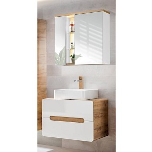 Badmöbel Waschplatz Set LUTON-56 Hochglanz weiß, Wotaneiche mit Keramik-Waschtisch und LED-Spiegelschrank, BxHxT 80x195x46cm