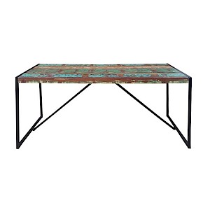 Tisch BALI-14 145x70x76cm bunt mit antikschwarz Recyceltes Altholz mit schwarzen Altmetall und Gebrauchsspuren