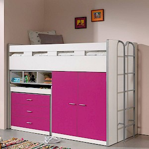 Hochbett BONNY-12 mit Schreibtisch und Stauraum - Liegefläche 90x200cm - weiß & pink - Stellmaß B/H/T: 227/150/95cm