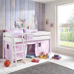Halbhohes Kinderbett VIBORG-13 90x200 cm Buche massiv weiß lackiert, mit Textilset purple/weiß/herz