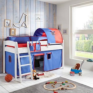 Halbhohes Kinderbett VIBORG-13 90x200 cm Buche massiv weiß lackiert, mit Textilset blau/rot