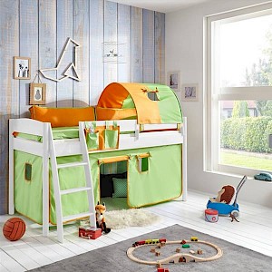 Halbhohes Kinderbett VIBORG-13 90x200 cm Buche massiv weiß lackiert, mit Textilset grün/orange