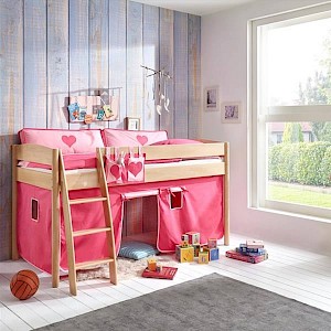 Halbhohes Kinderbett VIBORG-13 90x200 cm Buche massiv natur lackiert, mit Textilset pink/herz