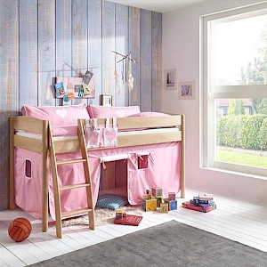 Halbhohes Kinderbett VIBORG-13 90x200 cm Buche massiv natur lackiert, mit Textilset rosa/weiß/herz