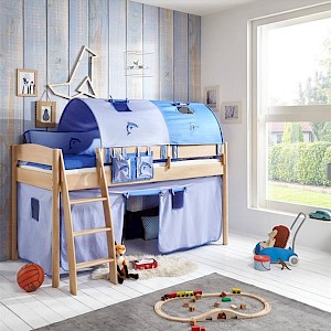 Halbhohes Kinderbett VIBORG-13 90x200 cm Buche massiv natur lackiert, mit Textilset blau/delfin