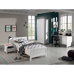 Jugendzimmer Set CANNES-12, weiß lackiert, Kleiderschrank, Einzelbett, Nachttisch & Schreibtisch