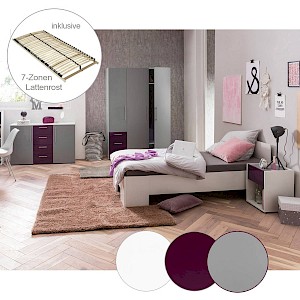 Jugendzimmer Set mit Sideboard NINOVE-04 in platingrau, aubergine & weiß, inkl. Bett 90x200 cm mit 7-Zonen Lattenrost