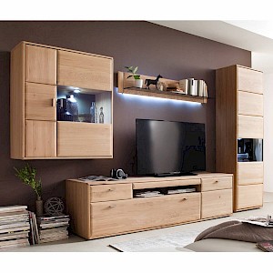 Wohnwand Wohnzimmer Set TIJUANA-05 TV-Möbel aus massiver Eiche Bianco - B/H/T: 355/206/52cm