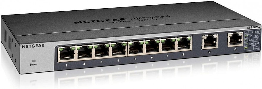 Netgear GS110MX 8-Port Gigabit Unmanaged Switch mit 2-Port 1 0G/Multi-Gigabit Uplinks