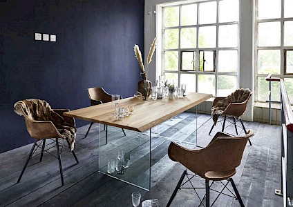 KAWOLA Esstisch MILU Tisch Eiche massiv Füße Glas 180x100