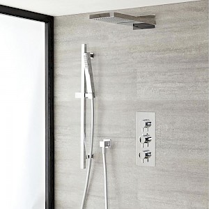 Duschsystem mit Thermostat und Umsteller mit schmalem Wasserfall-Duschkopf und Brausestangenset - Chrom  Como