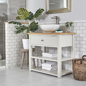 Waschtischunterschrank mit rundem Aufsatzwaschbecken und offenen Fächern B 840mm Antik Weiß - Stratford