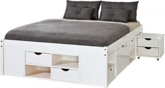 Inter Link Kiefer Massivholz Funktionsbett mit Schubladen und Nachttisch weiß Gr. 160 x 200